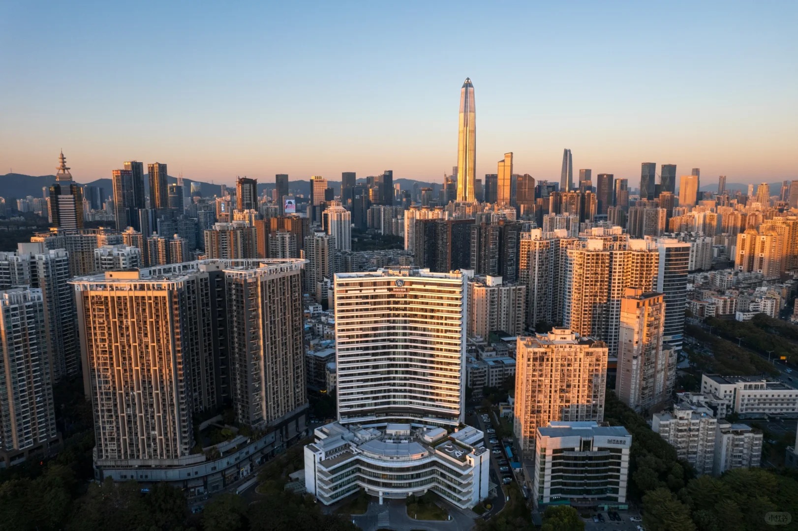 Shenzhen United Family Hospital campus in the foreground with the Ping An Finance Center and Shenzhen skyline in the background